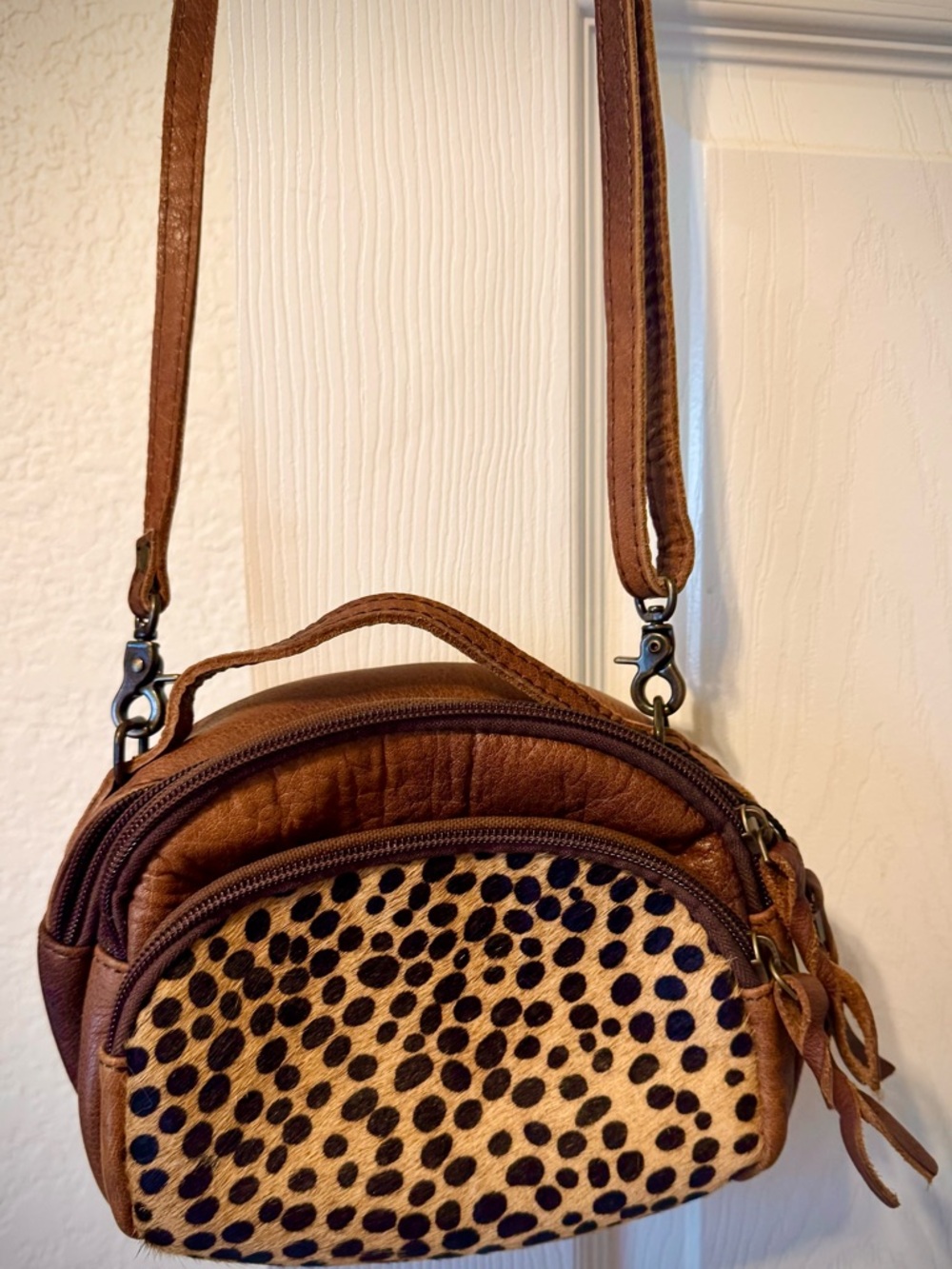 American Darling Brown Leather Crossbody Bag with Leopard Print Front - Picture 13 of 13